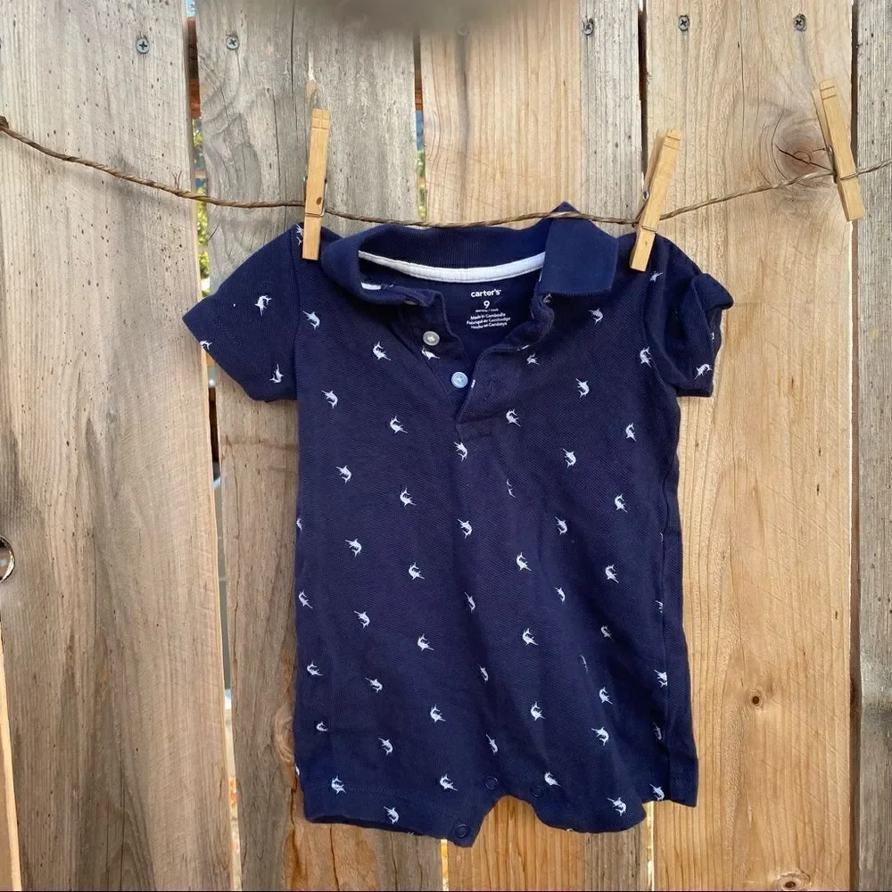 Carters Baby Boy Navy Blue Sword Fish Polo Romper 9 months